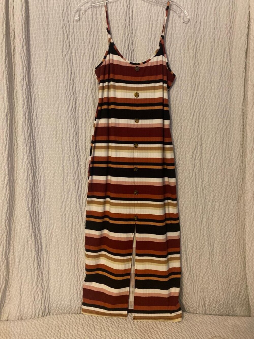 No Boundaries Women's Spaghetti Strap Striped Side Slit Medium Length Dress Sz L